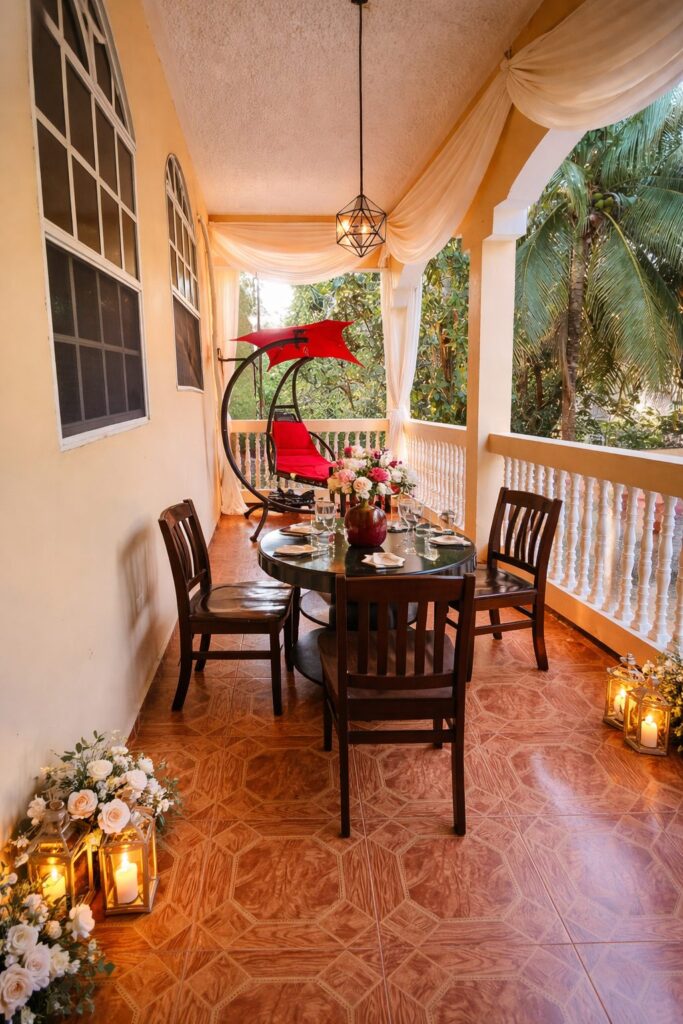 Covered balcony with a dining table for four, a red hanging chair and palm trees