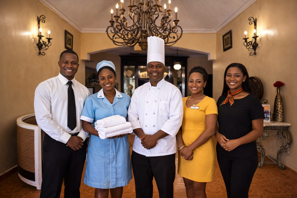 Five members of the Hidden Palace staff standing together in the entry hall, including a chef and a housekeeper